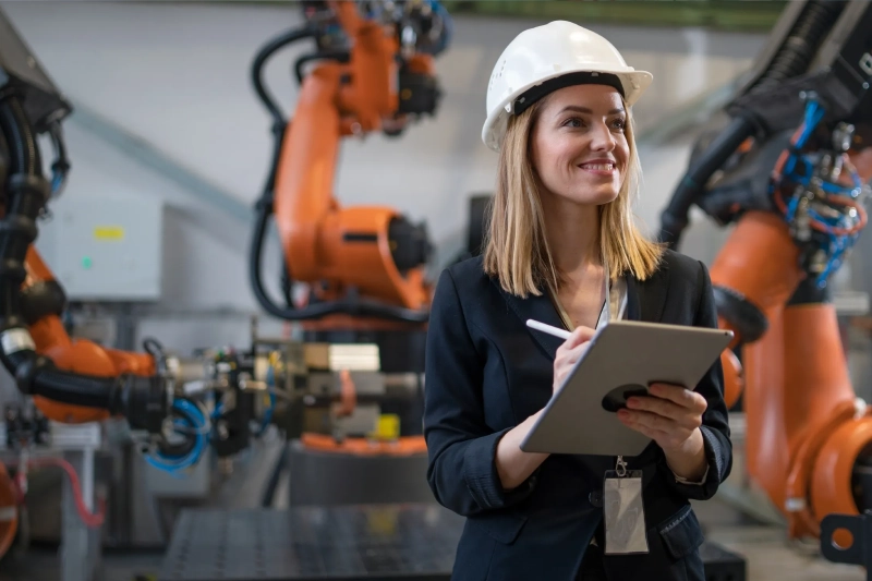 A woman in hard hat holding a tablet