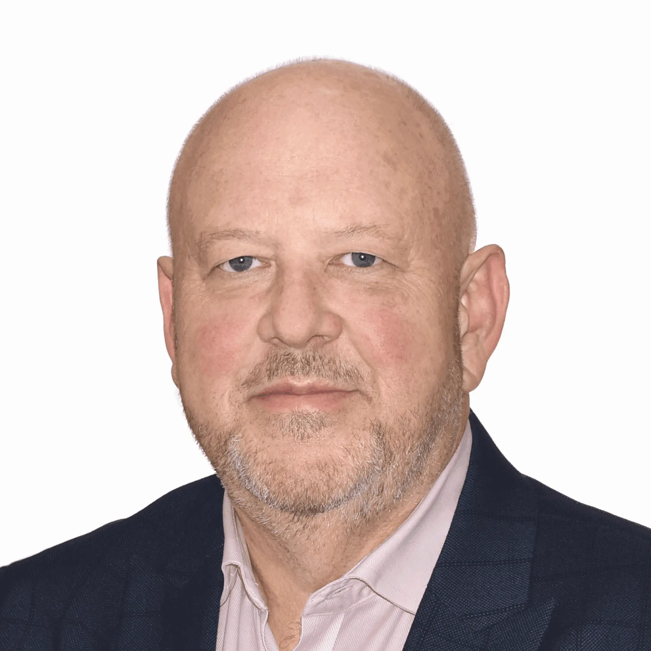 Bald man in suit, light background.